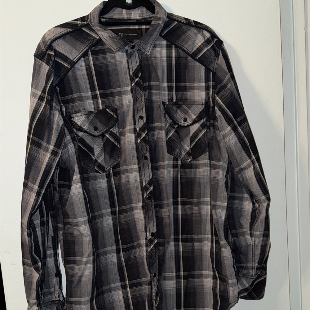 INC International Concepts Gray Plaid Button Down Shirt